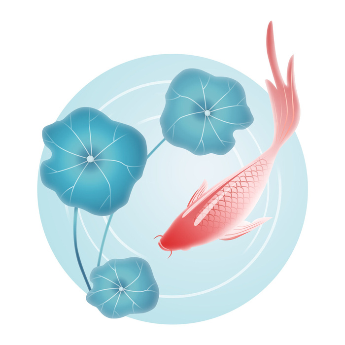 手绘国潮古风喜庆铜钱锦鲤鱼金鱼荷花插画场景装饰PSD设计素