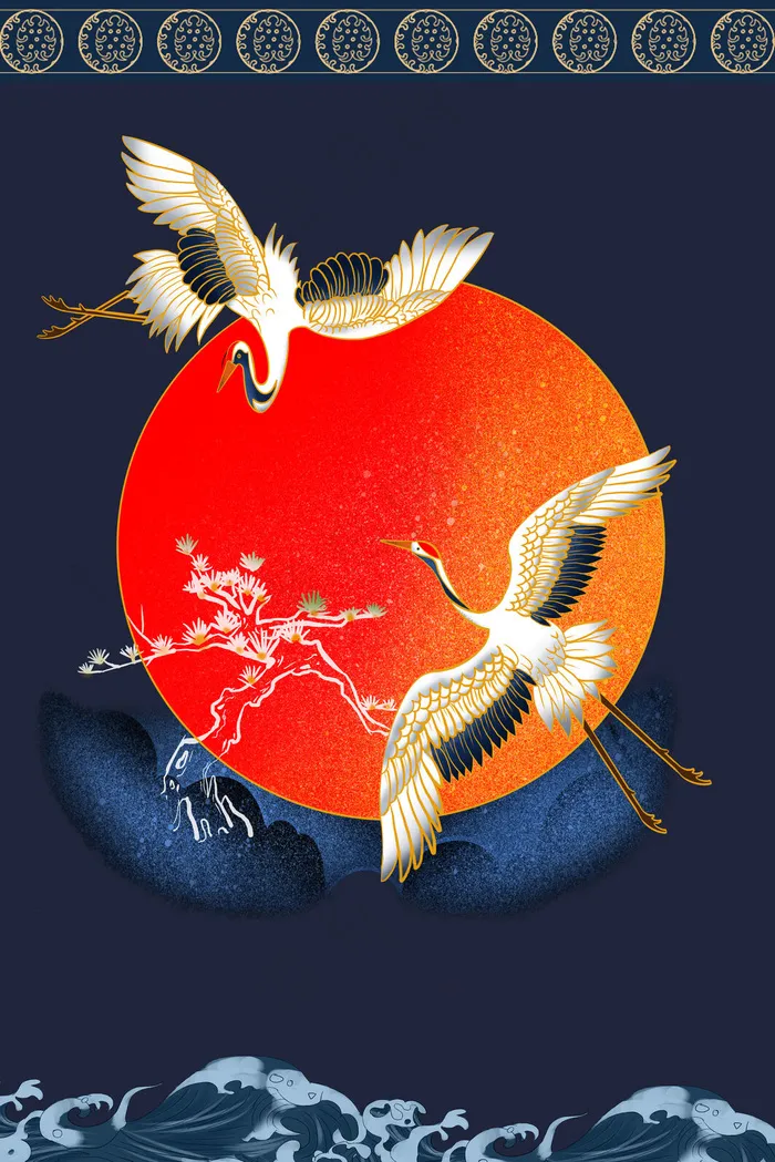 手绘国潮风仙鹤飞天背景中式海报(3545x5315)psd模版下载