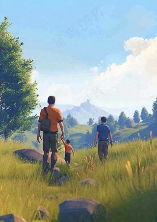 户外郊外徒步登山运动探险旅行手绘插画，健身健康