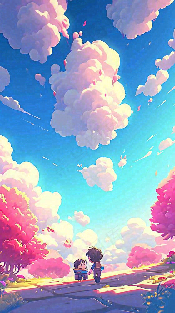 儿童节温馨蓝天白云热气球，活力玩耍卡通手绘插画(816x1456)