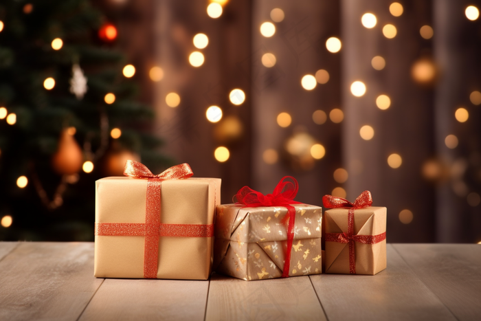 圣诞礼物圣诞树灯氛围摄影图