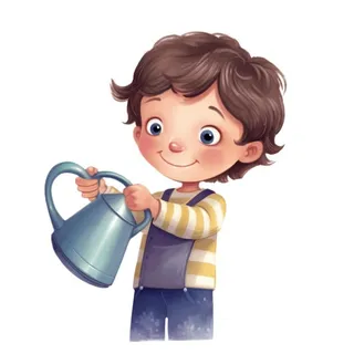 小男孩拿着水壶水桶浇水绿植草人物插画免抠