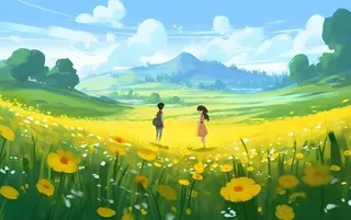 蓝天白云草坪草原人物黄色花朵手绘插画海报素材背景