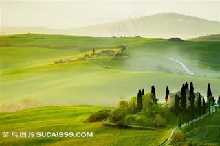 清晨美丽宁静的草原与房屋风景图片