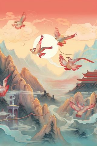 国潮仙鹤国风山脉背景
