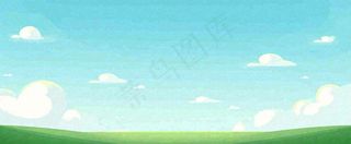 卡通手绘绿色草坡蓝天白云，春天，儿童节，春游，春分