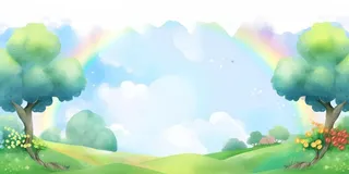 春天蓝天白云彩虹树林草坪手绘插画风景海报素材背景