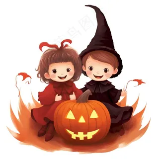 万圣节女巫南瓜灯捣蛋卡通插画免抠