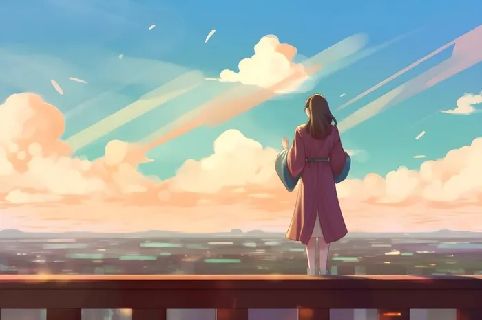 天空彩虹白云毕业的女孩插画背景(5376x3584)