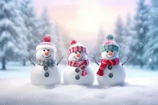 冬天雪人在雪地里森林雪景摄影图