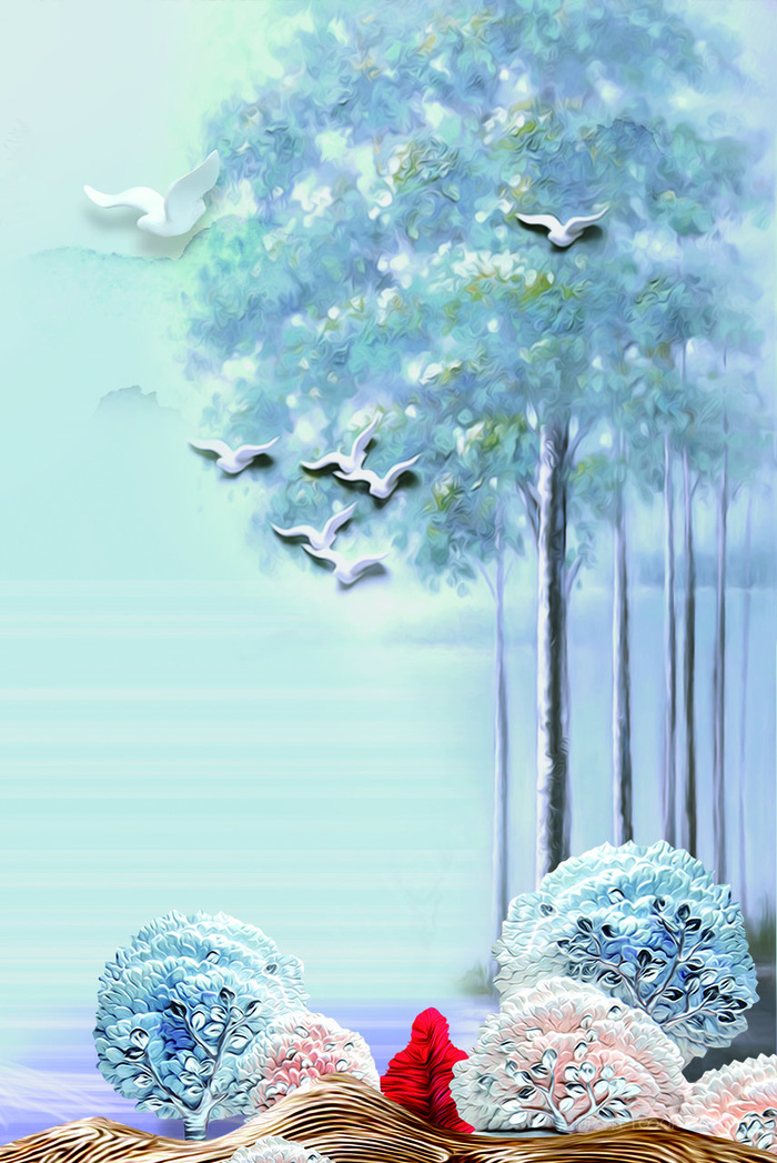 飞鸟水彩树高清风景画