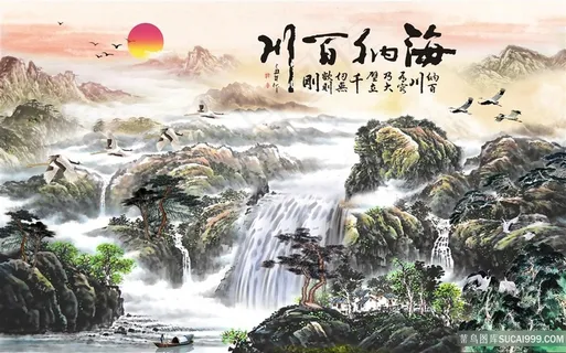 流水生财风景字画高清分辨率喷绘打印办公室挂画素材山水花草
