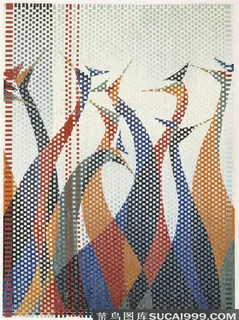 孔雀剪纸装饰画彩色像素化格子背景