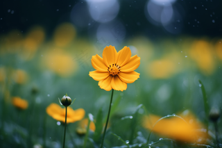 雨天小黄花草丛摄影图