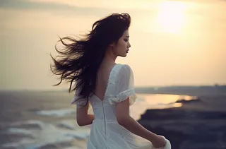一个美女穿着一件漂亮的白色连衣裙在海边的背影