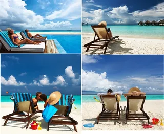 在沙滩享受日光浴的情侣高清摄影图片