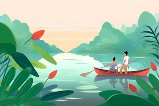 湖上划船绿色植物湖水水墨画背景