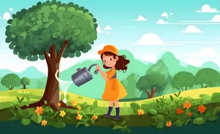 植树小女孩给树浇水大自然插画海报素材背景