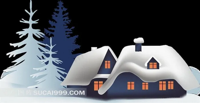 被雪覆盖的小房子和圣诞树拼贴分层素材