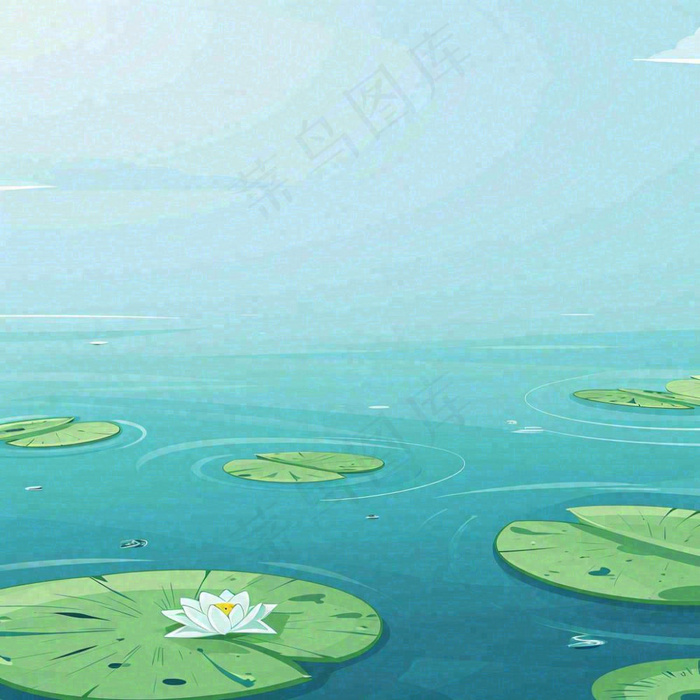 中国风夏日荷塘池白色荷花盛开手绘插画，立夏夏至大暑小暑(1024x1024)