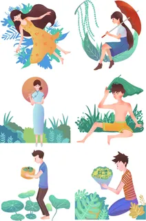 清明节青团卡通踏青人物男女孩放牛娃元素春季春游PSD设计PNG素材