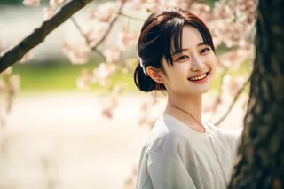 春天开满花的树下赏花的女生摄影图