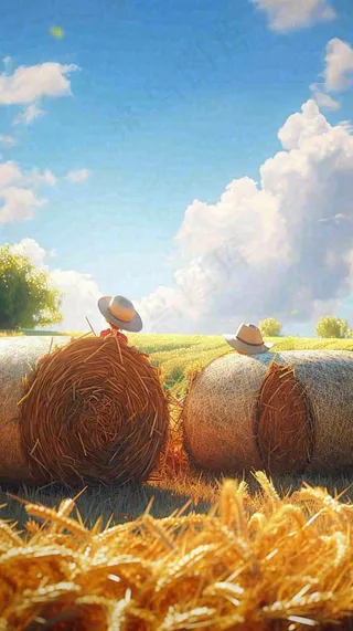 小麦田里秋天人物收割卡通，秋分白露