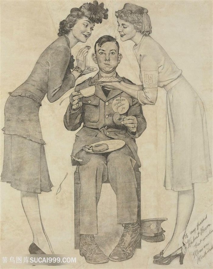 诺曼 · 洛克威尔手绘苏摩安排美女服侍吃早餐