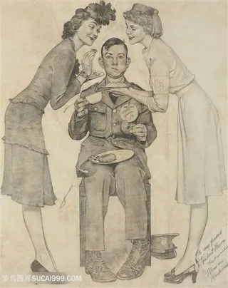 诺曼 · 洛克威尔手绘苏摩安排美女服侍吃早餐