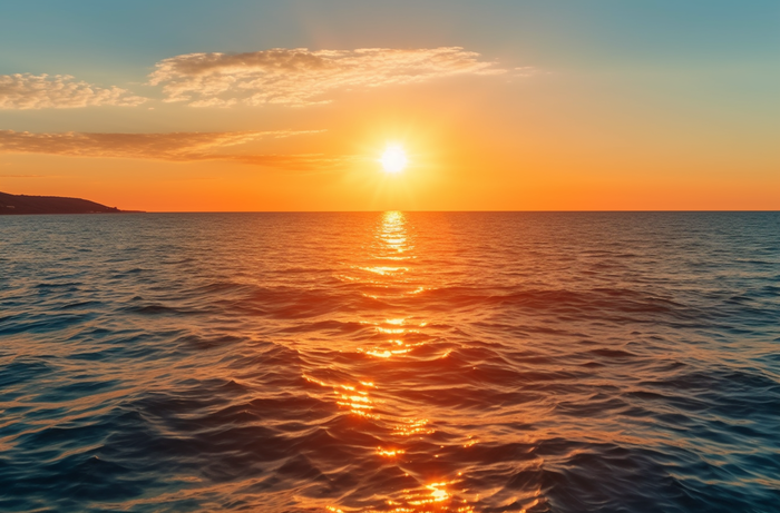 美丽的日落湖泊海洋的地平线上的太阳摄影图