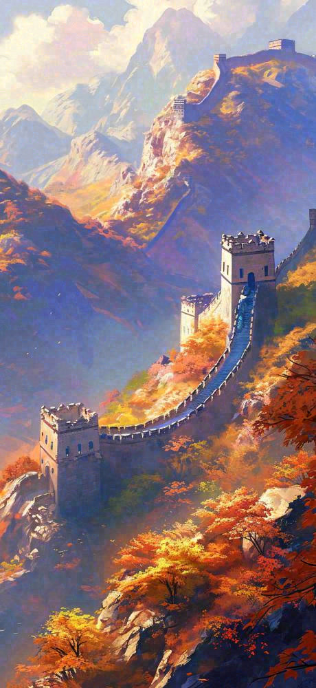 中国风万里长城落日阳光雄伟建筑手绘插画(736x1600)