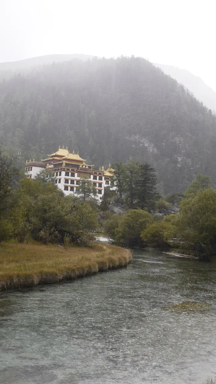 亚丁洛绒牛场草地雪山融水