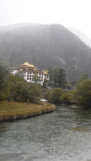 亚丁洛绒牛场草地雪山融水