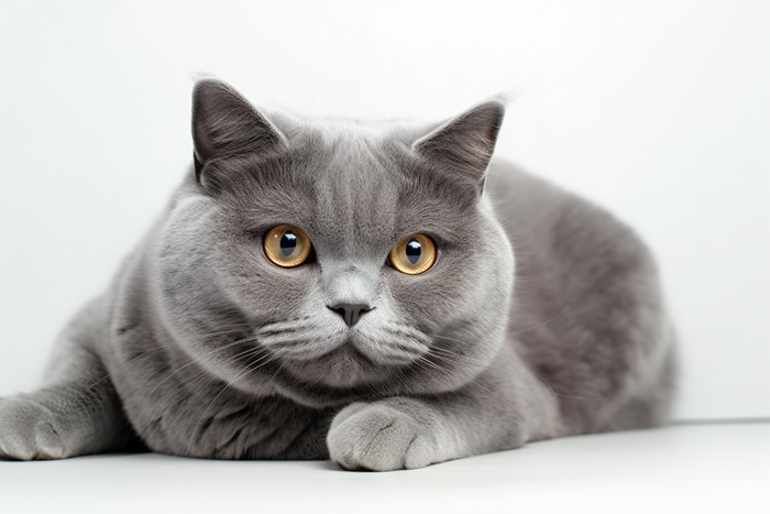 一只可爱的蓝猫趴着白色背景摄影图 