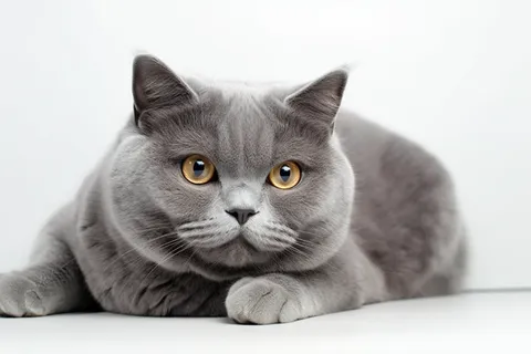 一只可爱的蓝猫趴着白色背景摄影图  一只可爱的蓝猫趴着白色背景摄影图