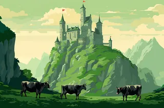 高耸的城堡墙壁前，绿色的草地山顶上的奶牛，森林朋克、绿色主义的风格