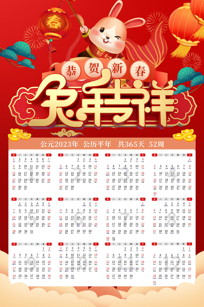 2023年兔年红色兔年大吉日历样机psd模版下载