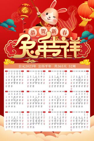 2023年兔年红色兔年大吉日历样机