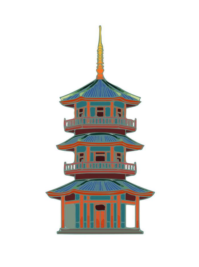 复古中国风国潮古建筑插画手绘高楼古塔AI素材亭子png免抠图ai矢量模版下载