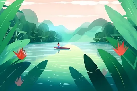 湖上划船绿色植物湖水水墨画背景