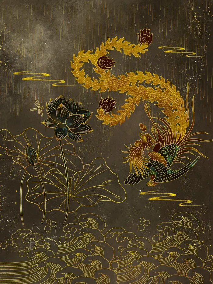 复古中国风国潮手绘烫金仙鹤锦鲤凤凰建筑黑金线描插画PS设计素材