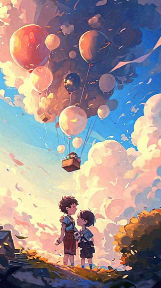 儿童节温馨蓝天白云热气球，活力玩耍卡通手绘插画