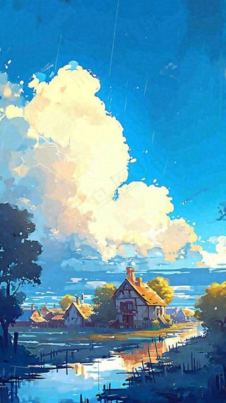 春天乡村河流倒影草地蓝天白云小屋手绘插画