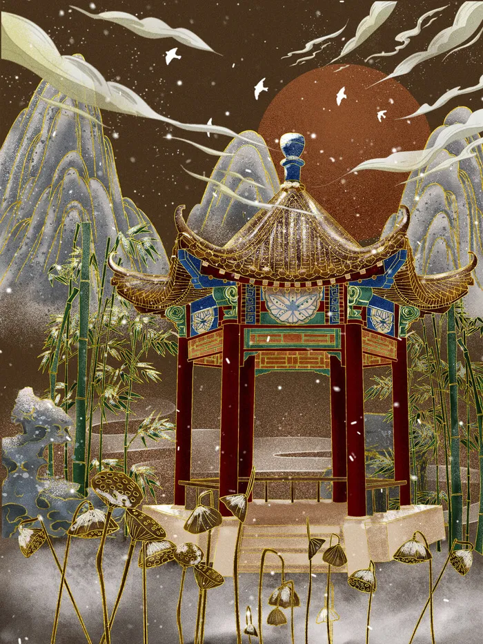 复古中国风国潮手绘烫金仙鹤锦鲤凤凰建筑黑金线描插画PS设计素材psd模版下载