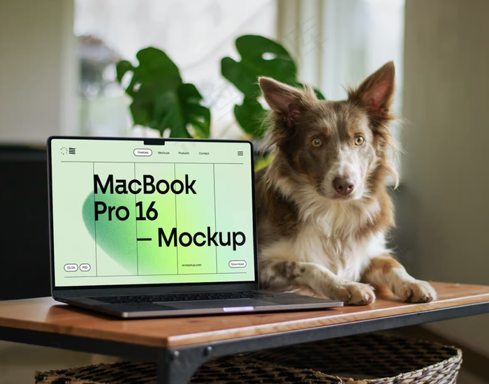 MacBook Pro和狗狗在桌子上，电脑样机，宠物电脑样机psd模版下载