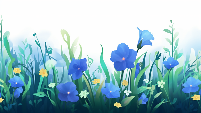 蓝色小花绿叶植物花丛草丛卡通插画素材(x)