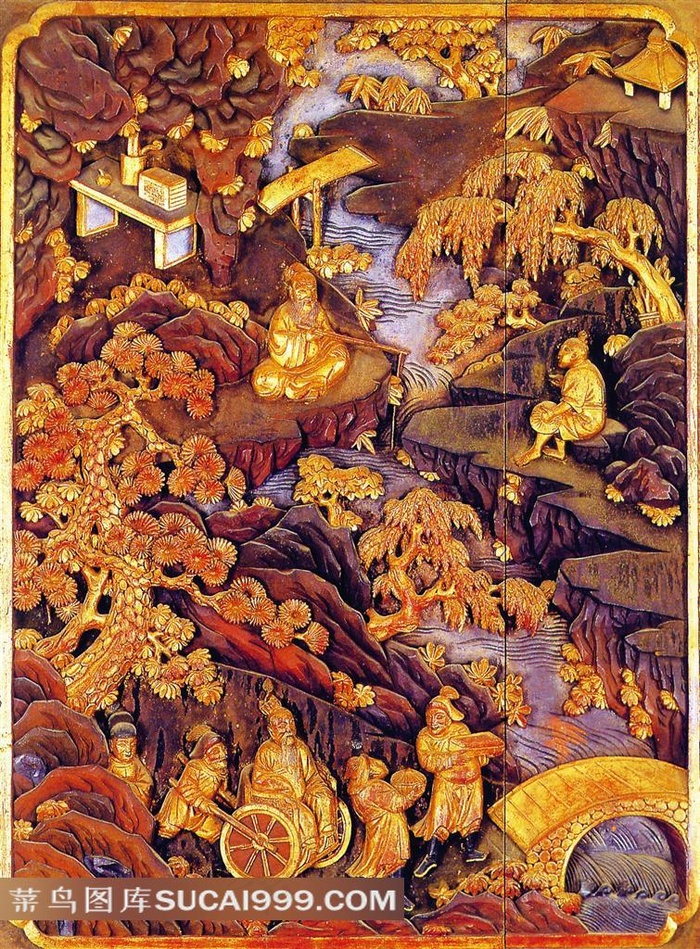 中国古典人物绘画彩绘木雕