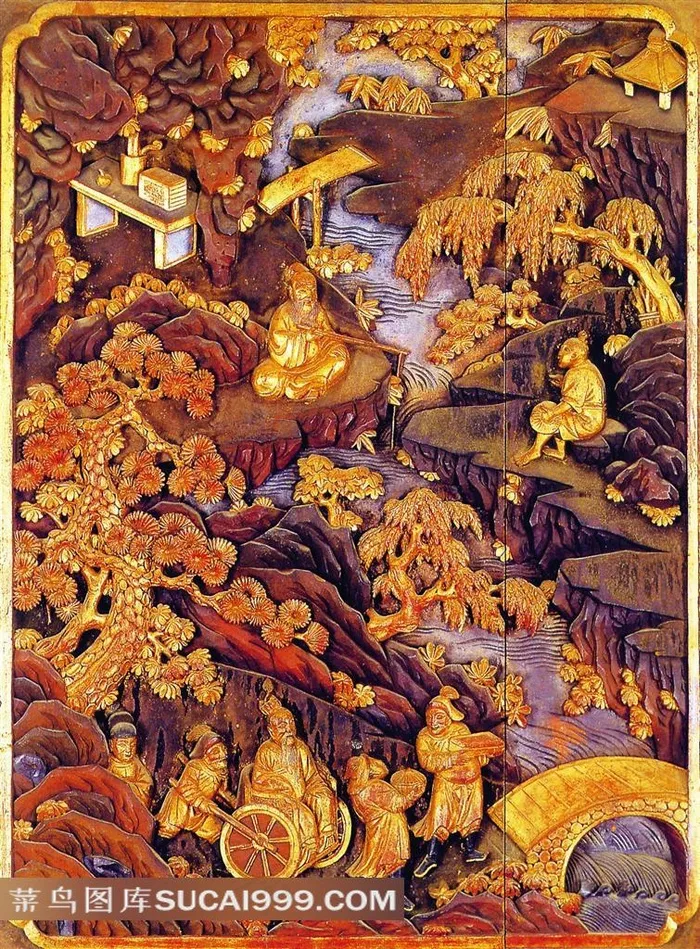 中国古典人物绘画彩绘木雕