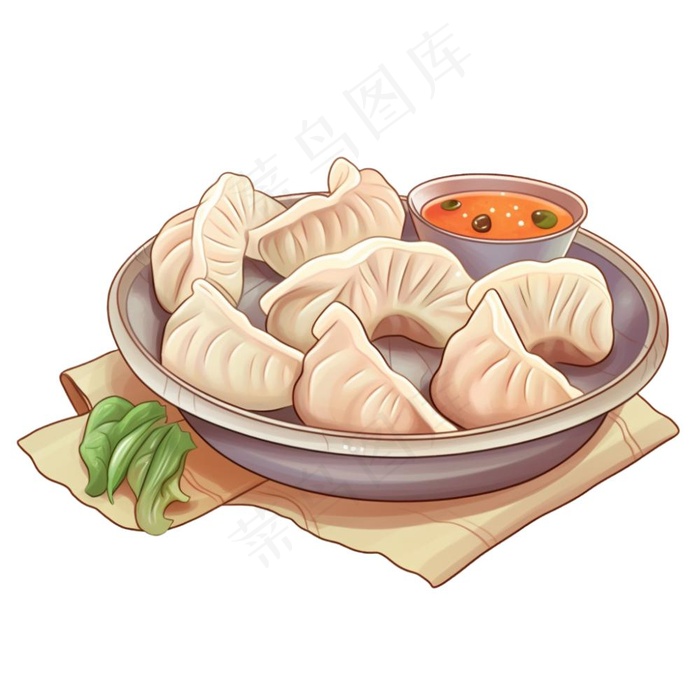 饺子盘蘸碟卡通插画免抠(1024x1024)