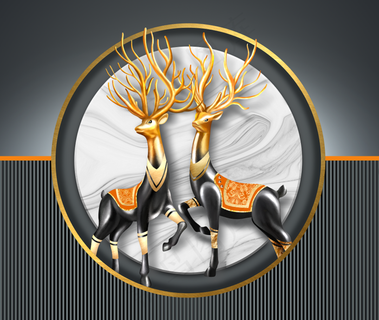 轻奢简约珍珠圆金鹿三联画客厅卧室走廊玄关画酒店装饰画壁画挂画